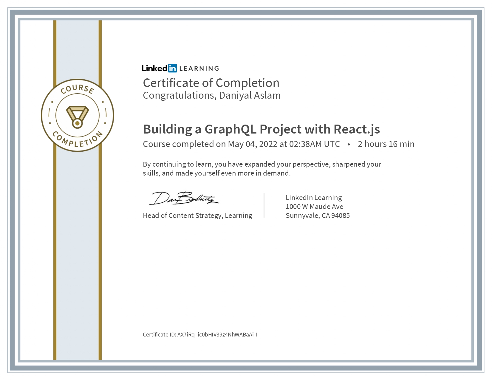 Certificate Of Completion Building a GraphQL Project with React.js